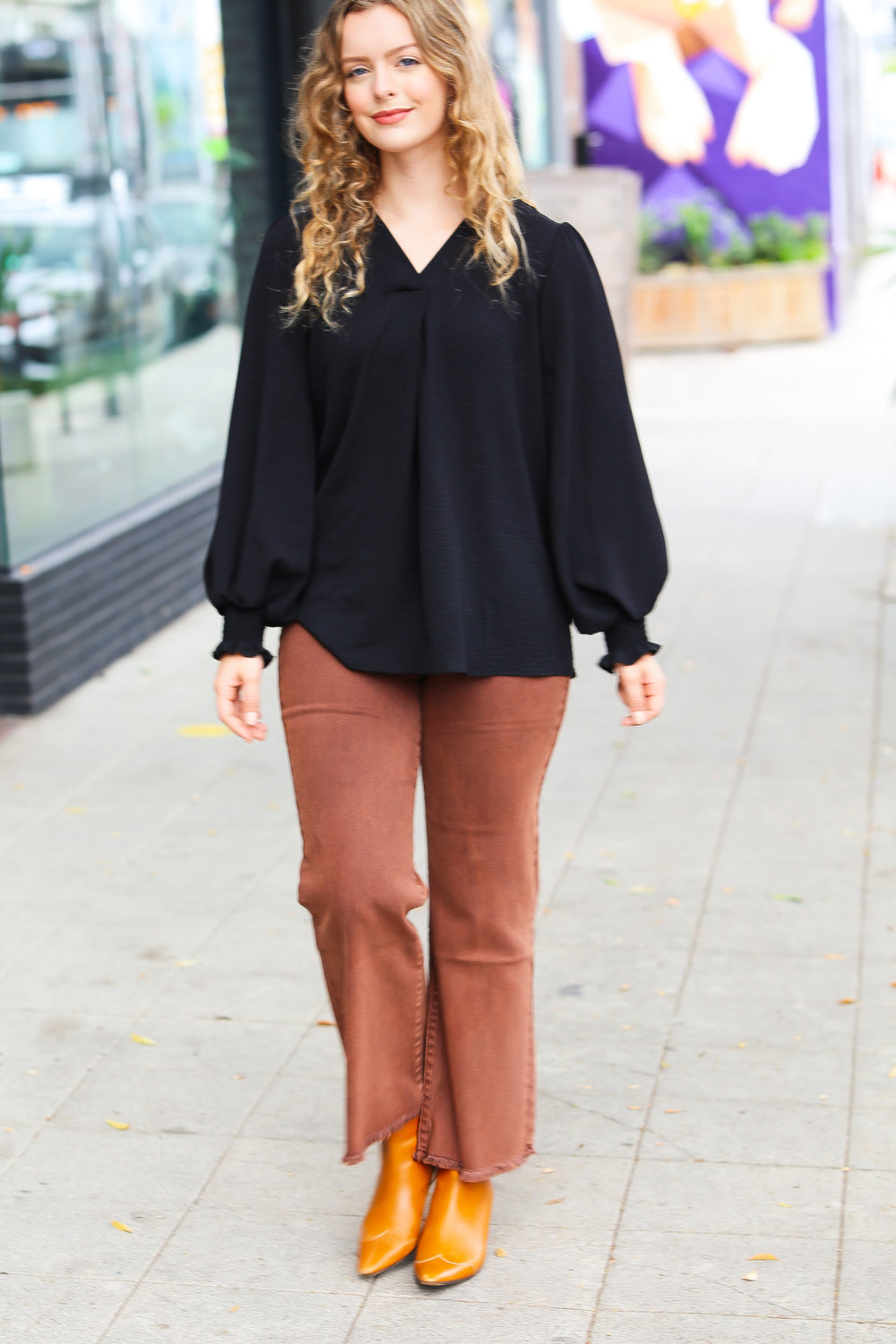 Feeling Bold Black Banded V Neck Smocked Top