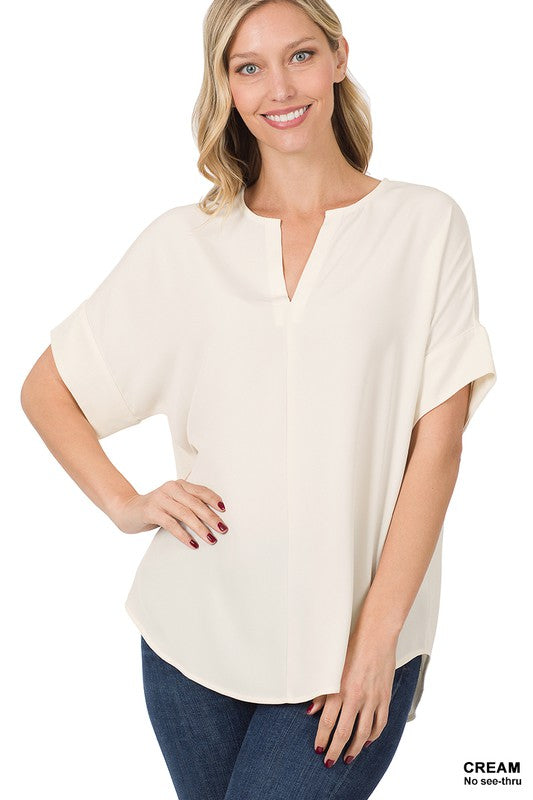 Heavy Woven Span Split Neck Short Sleeve Top