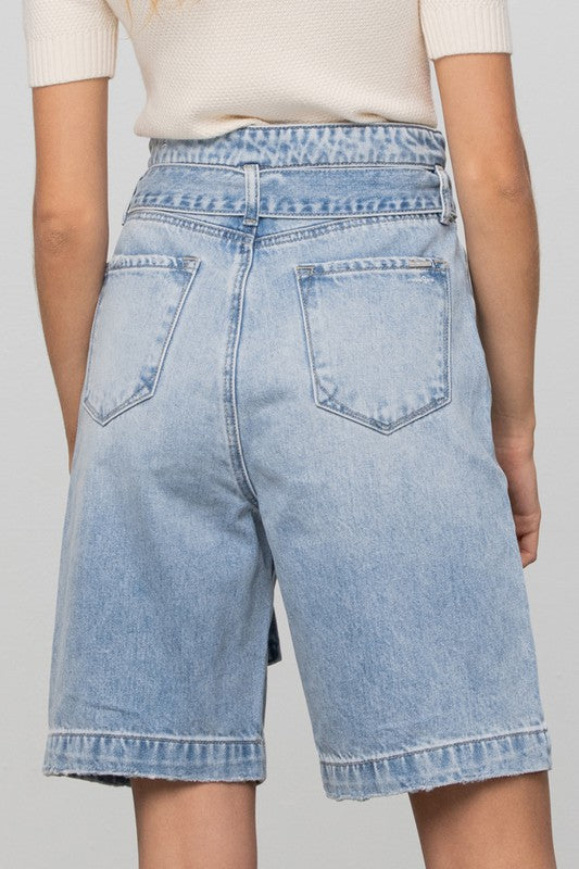 Self Belted Bermuda Denim Shorts