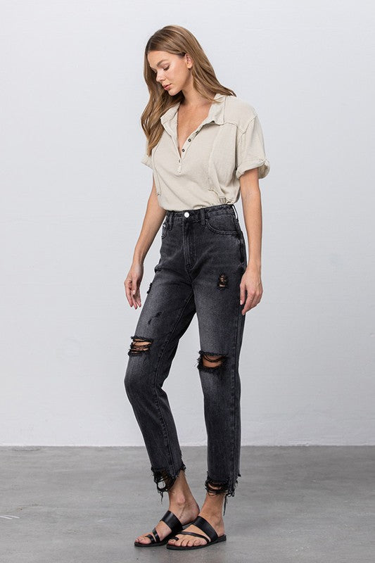 High Rise Ripped Frayed Hem Mom Jeans