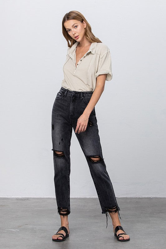 High Rise Ripped Frayed Hem Mom Jeans