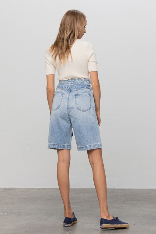 Self Belted Bermuda Denim Shorts