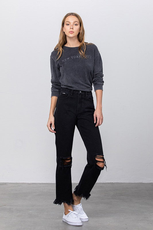 High Waist Ripped Frayed Hem Straight Jeans