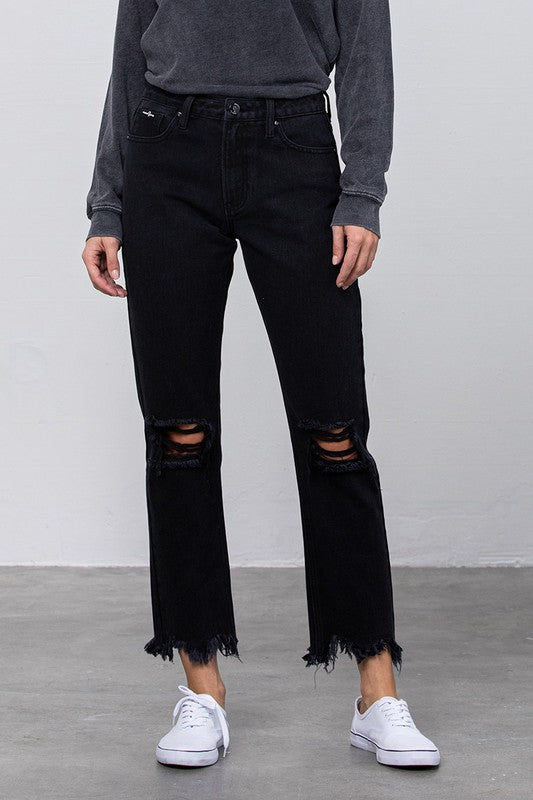 High Waist Ripped Frayed Hem Straight Jeans