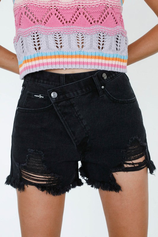 High Waist Crossover Denim Mom Shorts