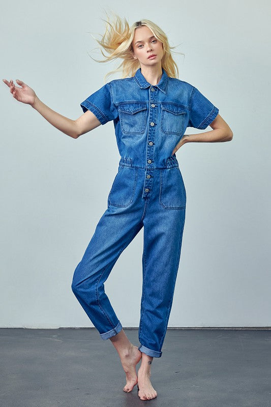 Collared Button Front Denim Jumpsuit