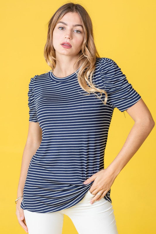 Stripe Puff Ruched Sleeve Top