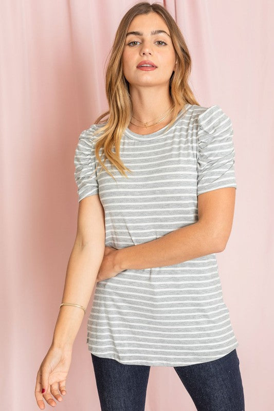 Stripe Puff Ruched Sleeve Top