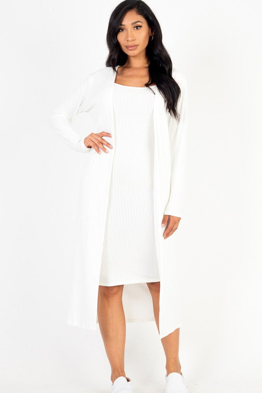 Ribbed Cardigan & Cami Midi Bodycon Dress