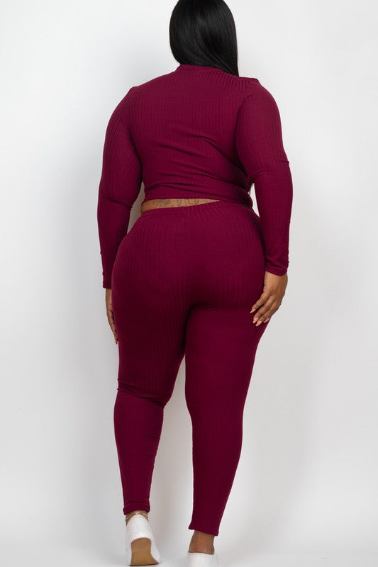 Plus Ribbed Mock Neck Long Sleeve Top&Leggings Set