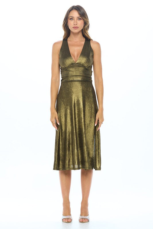 Metallic Solid Deep V Neck Lined Dress with Slit