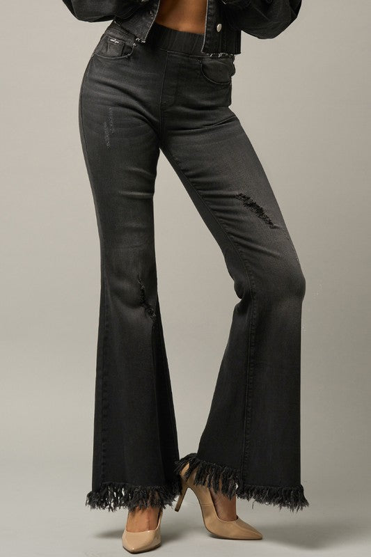 Elastic Banded Long Frayed Flare Jeans