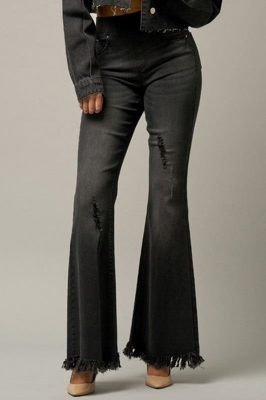 Elastic Banded Long Frayed Flare Jeans