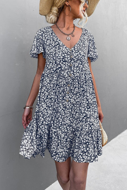 Floral Short Sleeve V Neck Midi Length Dress