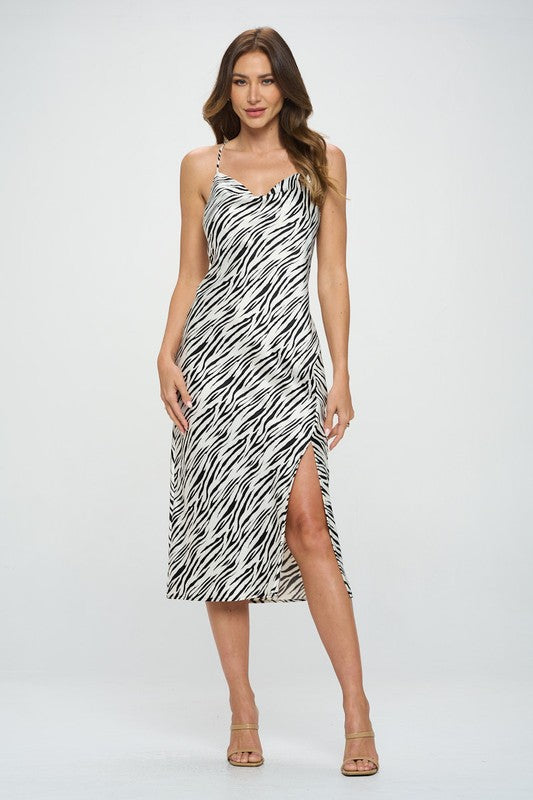 Zebra Print Satin Bias Slip Dress with Slit