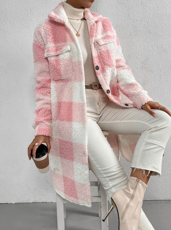 Sherpa plaid long coat