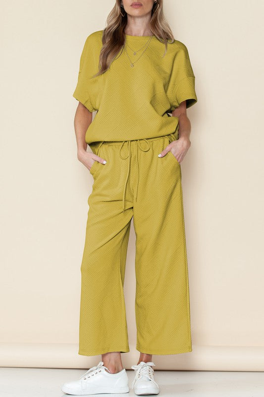 Textured Loose T Shirt and Drawstring Pants Set