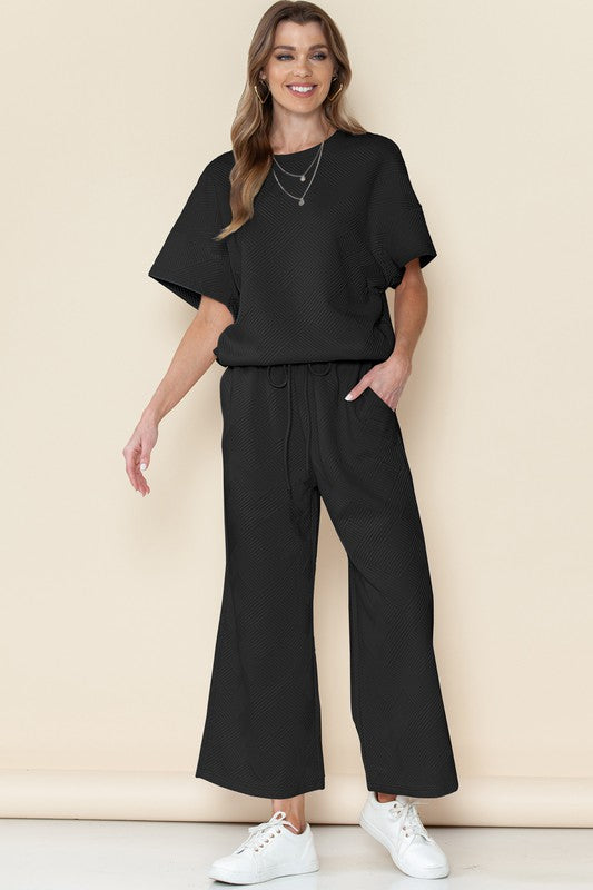 Textured Loose T Shirt and Drawstring Pants Set