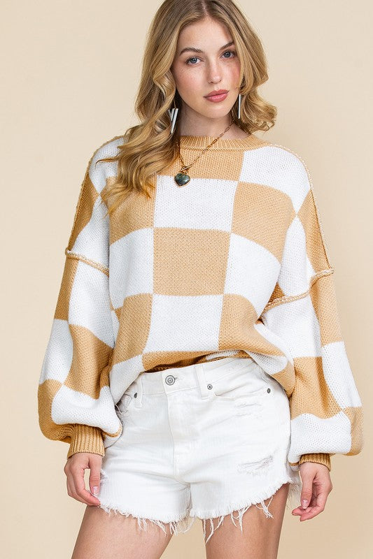 Khaki Checkered Bishop Sleeve Sweater