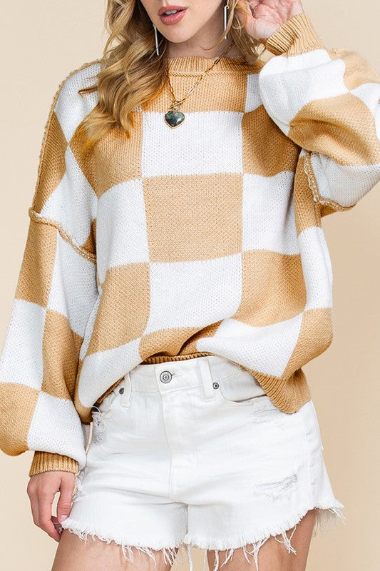Khaki Checkered Bishop Sleeve Sweater
