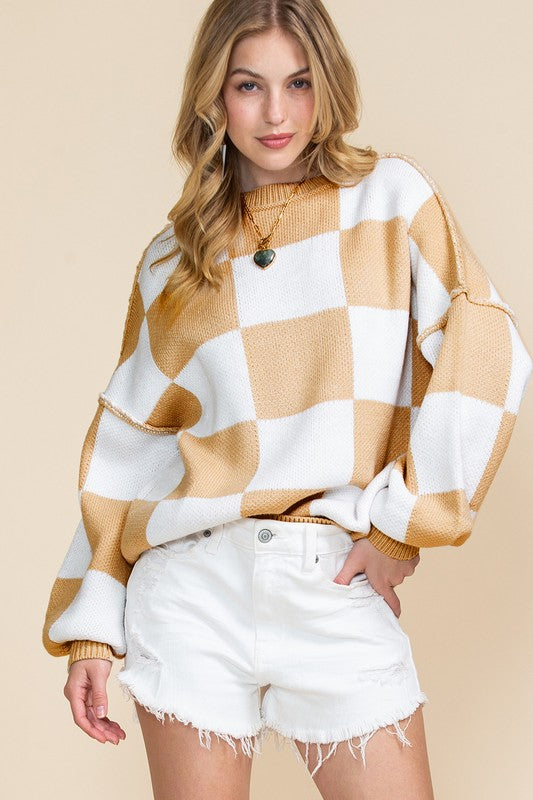Khaki Checkered Bishop Sleeve Sweater