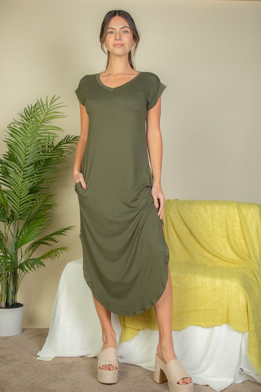 Hidden Pocket Batwing Sleeve V Neck Long Dress