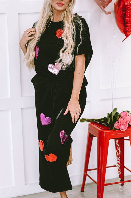 Black Sequin Heart Graphic Textured 2pcs Outfit