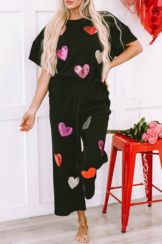 Black Sequin Heart Graphic Textured 2pcs Outfit