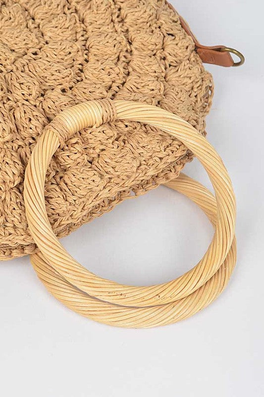 Wooden Handle Crochet Straw Circle Bag