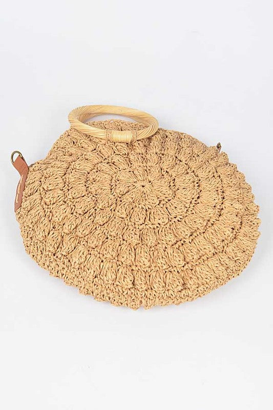 Wooden Handle Crochet Straw Circle Bag