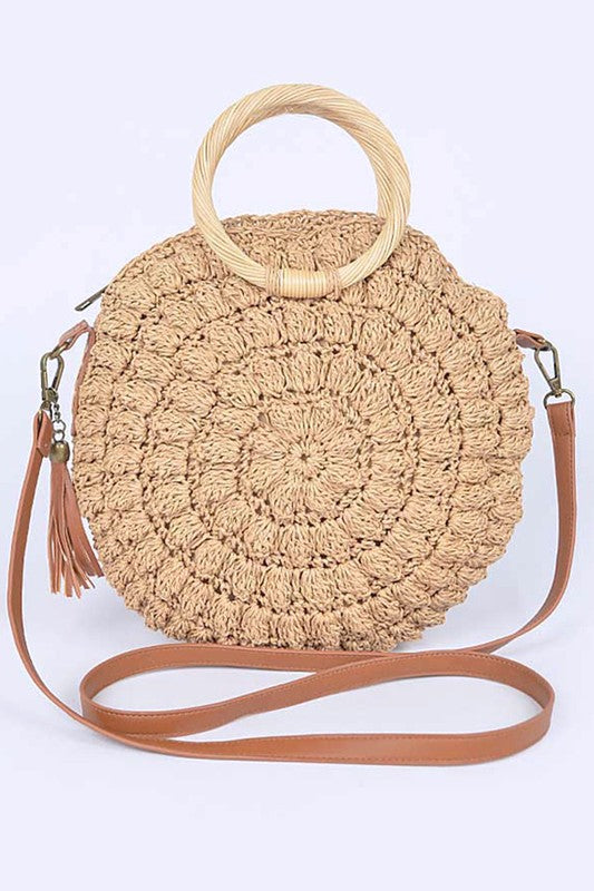 Wooden Handle Crochet Straw Circle Bag