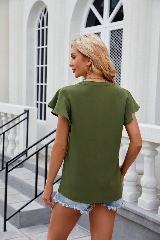 Women V Neck Chiffon Blouse Short Sleeve