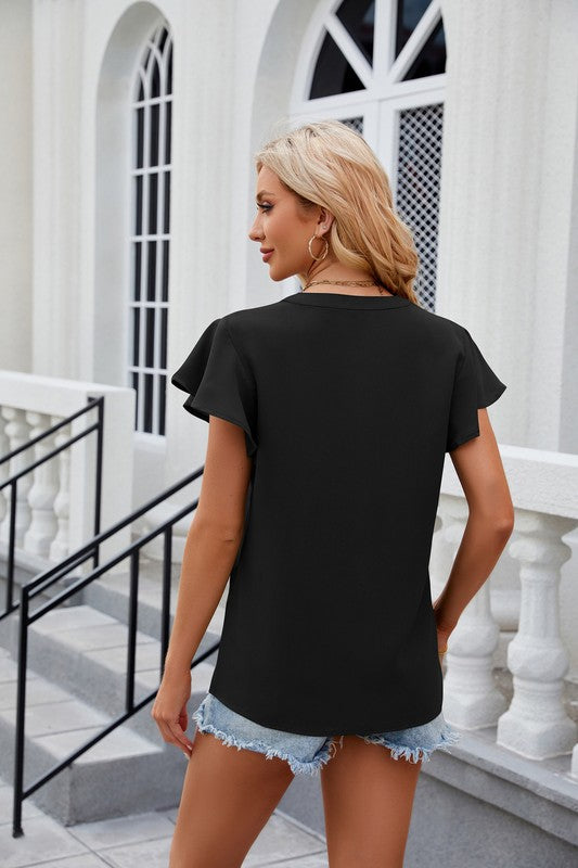 Women V Neck Chiffon Blouse Short Sleeve