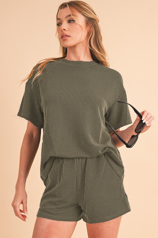 Ribbed Textured Knit Loose Fit Tee and Shorts Set