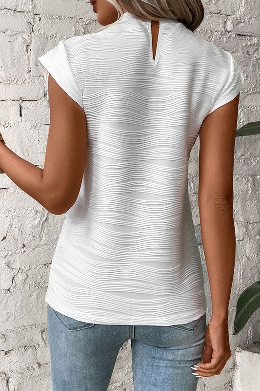 Women Wavy Textured Mock Neck Cap Sleeve Top