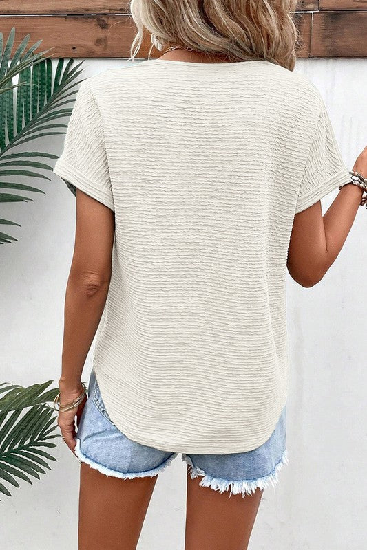 Women Textured Wide Sleeve V Neck T Shirt