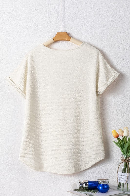 Women Textured Wide Sleeve V Neck T Shirt