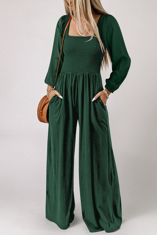 Women Square Neck Long Sleeve Wide Leg Jumpsuit