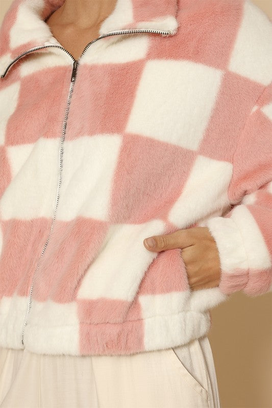 Fuzzy checkered zip front jacket