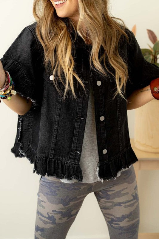 Women Raw Edge Ruffled Short Sleeve Denim Jacket