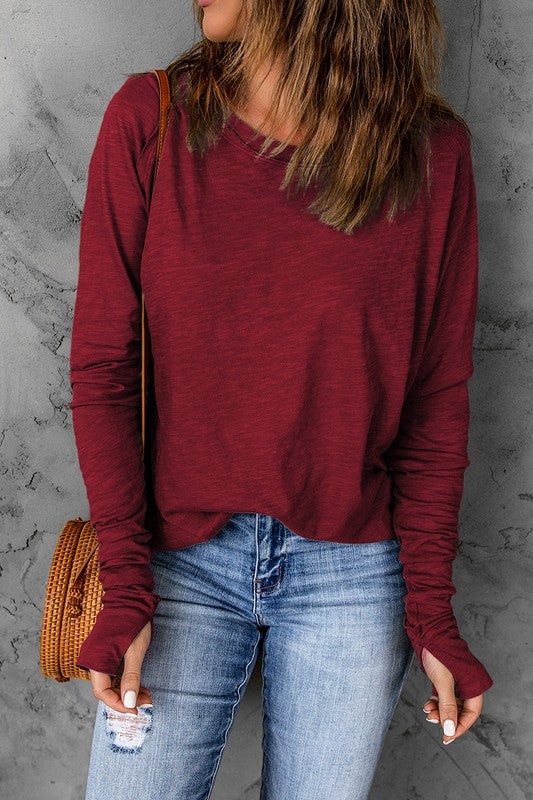 Women Fiery Red Solid Crew Neck Long Sleeve Top