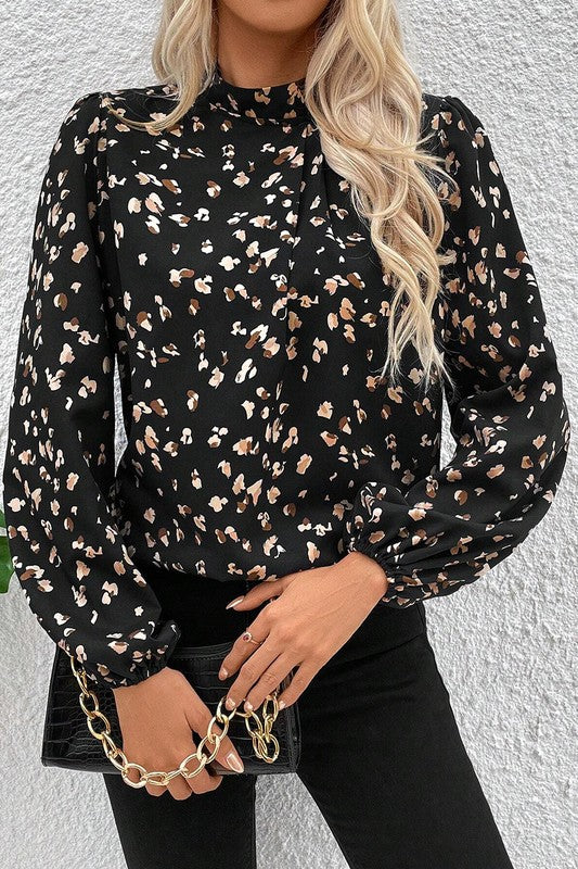 Leopard Print Puff Sleeve Mock Neck Pleated Blouse