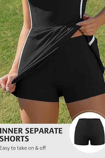 Bra V Neck Racerback Tennis Dresses with Shorts