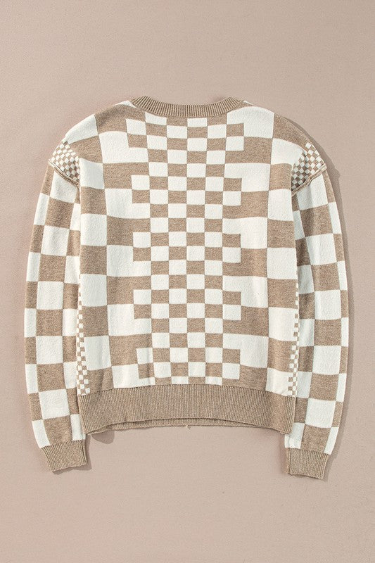 Checkered Print Drop Shoulder Round Neck Sweater