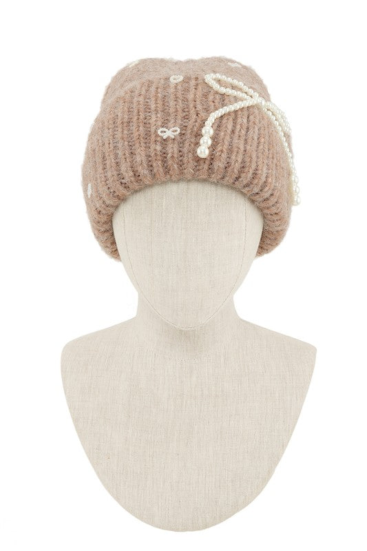 Knitted Beanie Hat with Pearl Ribbon Accent