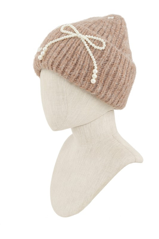 Knitted Beanie Hat with Pearl Ribbon Accent