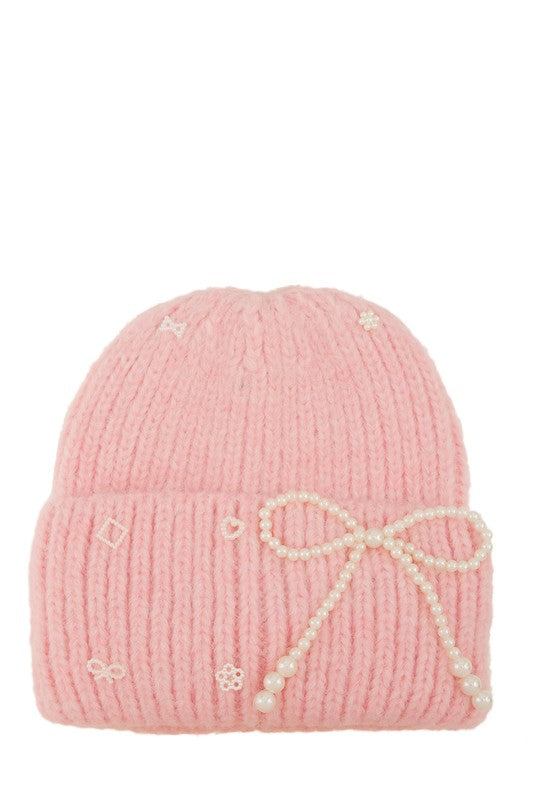 Knitted Beanie Hat with Pearl Ribbon Accent