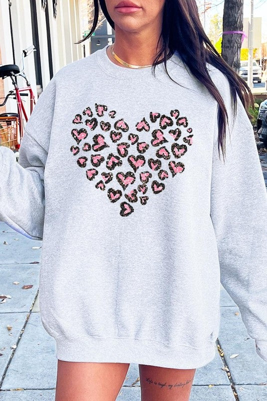 Faux Sequins Leopard Heart Graphic Sweatshirt