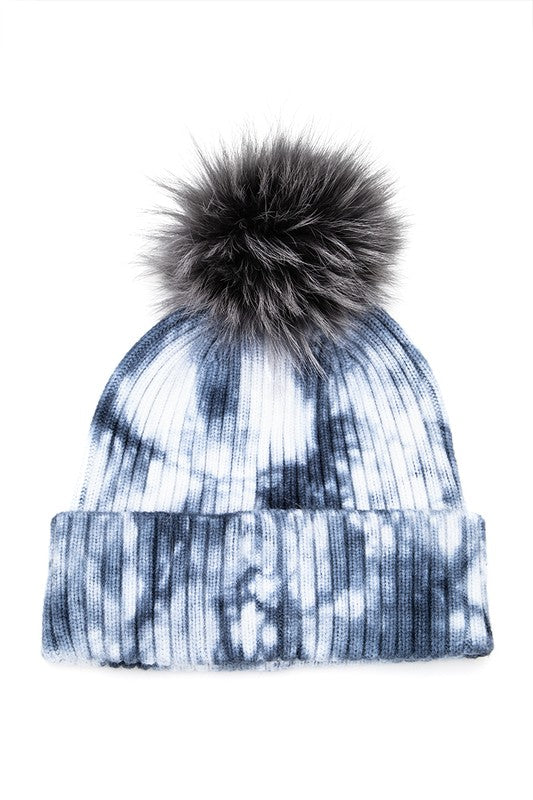 Large Genuine Fur Pom Tie Dyed Cotton Blend Beanie