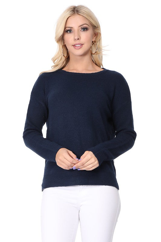 Crew-neck Knit Pullover Sweater with Side Slit